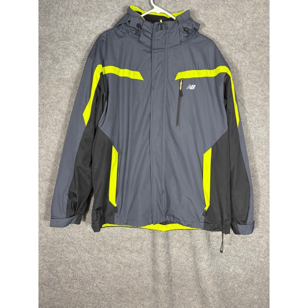 New Balance Mens Hooded Windbreaker Fleece Jacket Grey Neon Yellow Full Zip Sz L